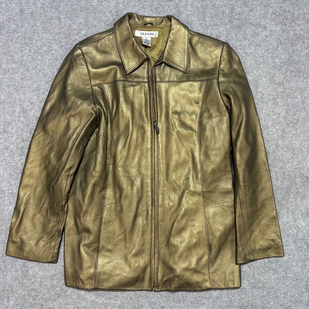 Alfani Metallic Bronze Lamb Leather Zip Up Jacket Womens Medium New Zealand Lamb